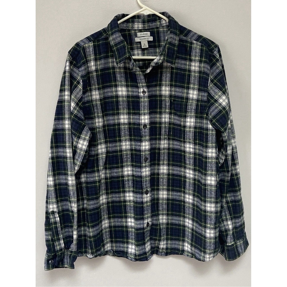 LL Bean Women Relaxed Fit Flannel Shirt Navy Green Plaid Cotton SZ LG